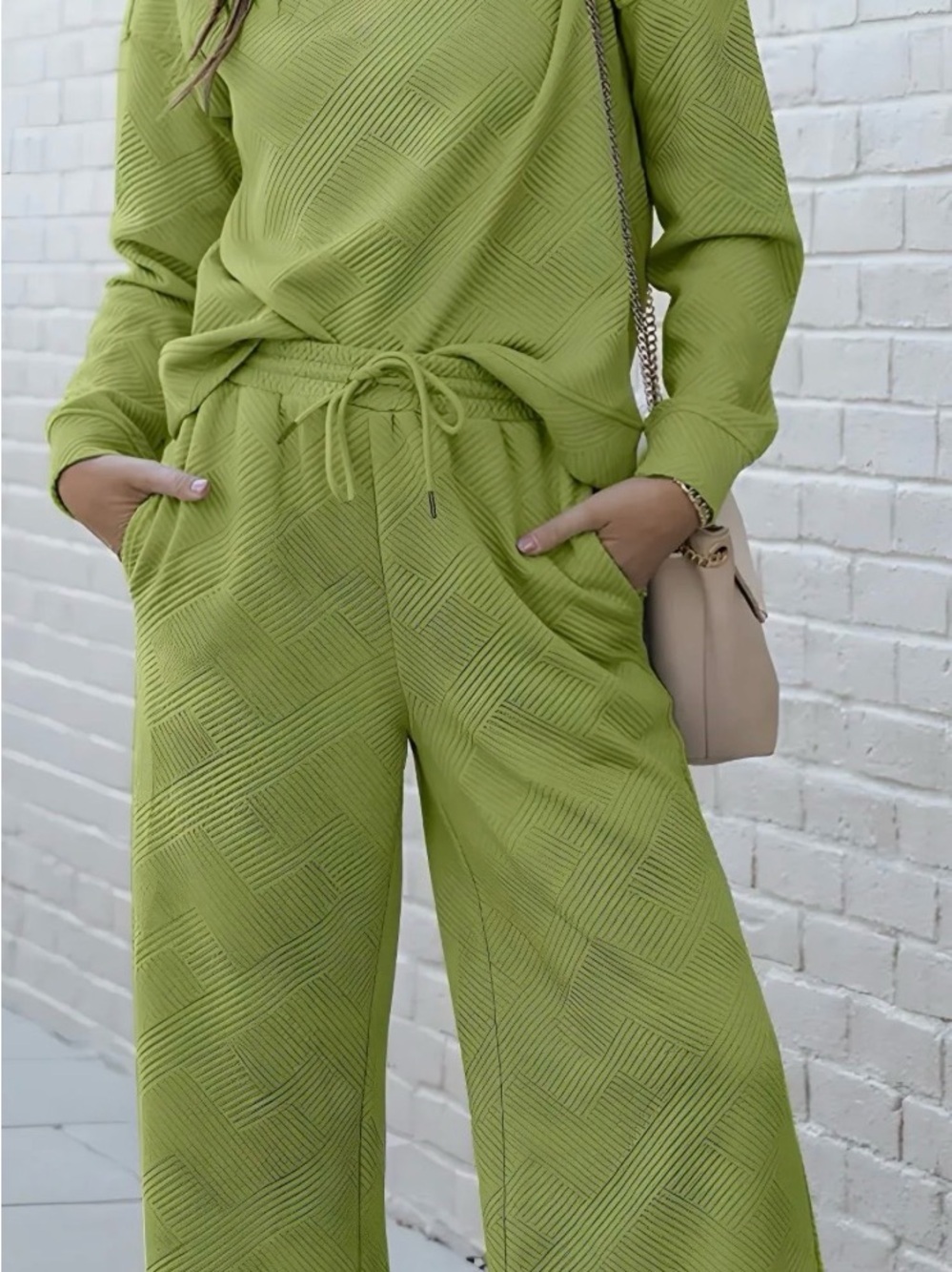 NWT Double Take Wide Leg Pants & Long Sleeved Top Set - Size Large - Lime Green